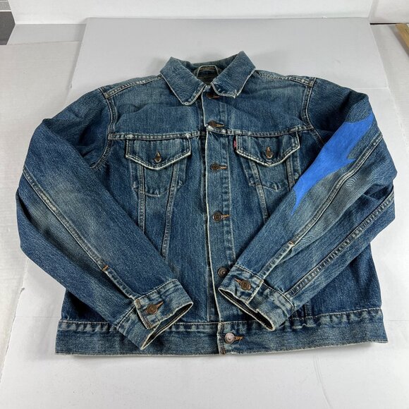 Y2K Levi's Jean Jacket Medium Blue Faded Trucker DIY Blue Tribal Sleeve Denim - Picture 1 of 16